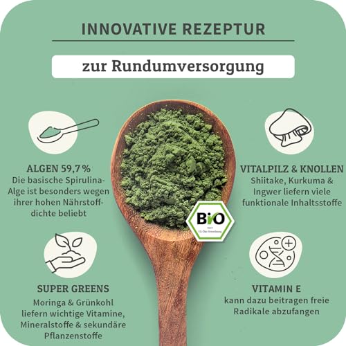 Bio Spirulina-Mix Pulver für Hunde – CURAPET – zur ernährungsphysiologischen Unterstützung Einer ausgewogenen Fütterung, Barf geeignet, mit Shiitake, Moringa, Chlorophyll & Vitamin E – 200 g