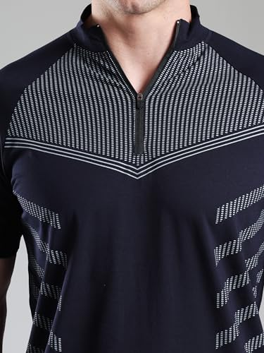 Image of GROW Stylish Aeroflex Zip T Shirt for Men Workout | Cotton and Spandex Quarter Zip Back Printed Collar T-Shirts for Men Half Sleeves