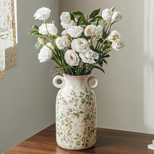 Image of Ceramic Flower Vase | Green Rustic Farmhouse Vase with Handles for Home Decor, Vintage Floral Tuscan Vase for Living Room & Kitchen, Mantel & Bookshelf, Centerpieces, Entryway, Wedding(9.1 Inch)