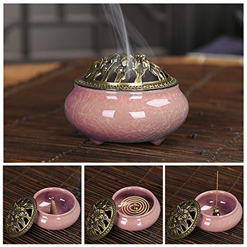 Ceramic Incense Burner With Calabash Incense Stick Holder,3 In 1 Ceramic Stick Incense Burner, For Use With Stick Or Cone Coil Incense With Brass Lid For Yoga Spa Meditation #TOP2