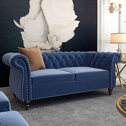 Image of ORRD Chesterfield Loveseat, Modern Velvet Sofa Tufted Couch 2 Seater with Scroll Arms and Nailhead for Living Room, Bedroom, Office, Apartment (Blue)