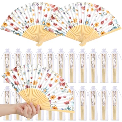 Vercraft 25 Sets Wildflower Hand Folding Fans with Organza Bags Bulk, Guests Wildflower Wedding Favors for Decorations Rustic Garden Paper Fans for Bridal Shower Wedding Bridesmaid Gift