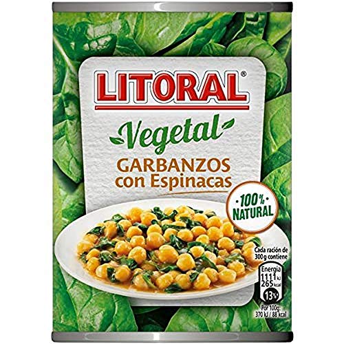 LITORAL Vegetal Garbanzos con Espinacas - Plato Preparado Sin Gluten - Paquete de 10x425g - Total: 4.25kg