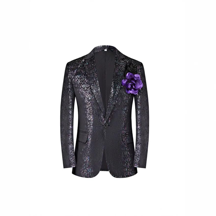Men Slim Black Fleece Blazer Suit Stage Performance Studio Photo Suit Single Breasted Jacket and Pant Black M2