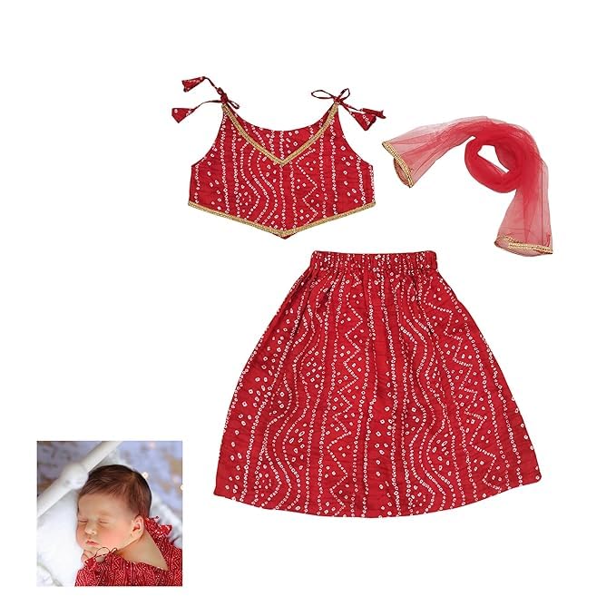 The Root And Craft Dress Girls Bandhani printed Baby Girls Lehenga Choli Set with Lace & Dupatta | Traditional 3-Piece Festive Outfit for Kids(0 to 12 Month) Fuchsia pink-picture-16