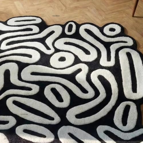 Image of Hand Tufted Wool Rug 6x8 Ft - Modern Irregular Shape Aesthetic Carpet, 1 Inch Thick Pile, Anti-Skid Backing, Soft Handmade Woolen Area Rug for Living Room, Bedroom, Hall Decor