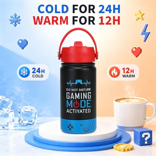 Image of Kids Insulated Water Bottle with Straw Lid, 14oz Double Wall Vacuum Stainless Steel Tumbler, Leak Proof Reusable Metal School Cup for Boys Girls, Keep Cold 24H Hot 12H (Blue-Red-A(Pack 2))