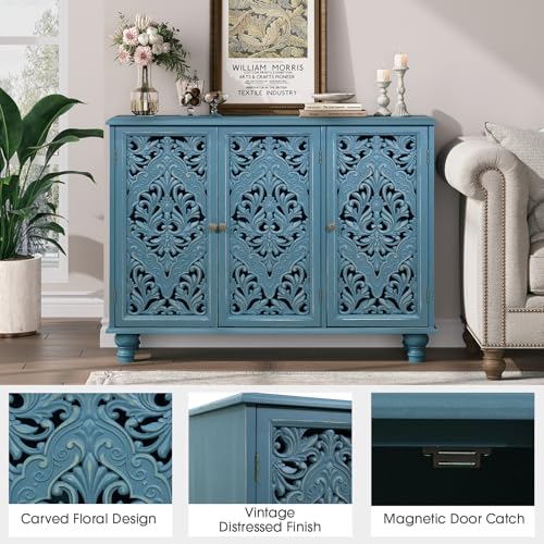 Image of Accent Cabinet with 3 Doors, Decorative Storage Cabinet with Adjustable Shelf, Carved Sideboard Buffet with Solid Wood Legs for Living Room, Entryway, Kitchen, Hallway, Blue