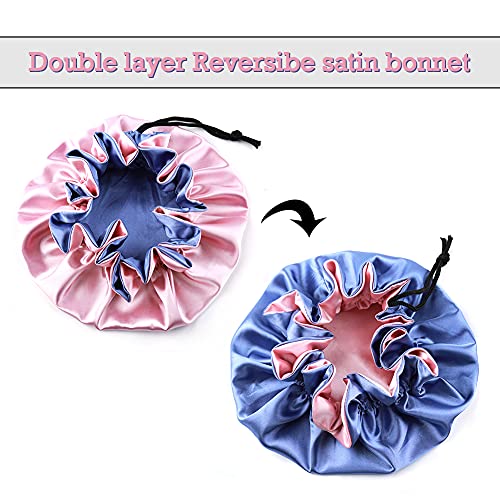 Image of Extra Large Adjustable Double Layer Satin Hair Bonnets with Drawstring for Women Night Sleeping Long Silky Satin