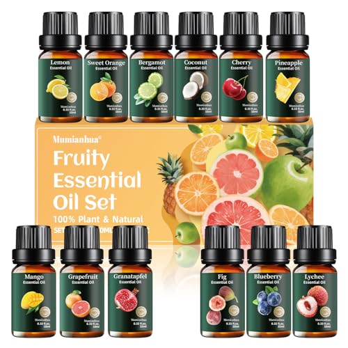12x10ml Ätherische Öle Set - Fruchtige Düfte Zitrone, Mango & Kokos - 100% Reine Duftöle für Diffuser, Aromatherapie, Kerzen, Sauna & DIY Seife