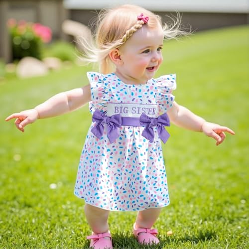Toddler Girl Dress Flutter Ruffle Sleeve Big Sister Embroidery Smocked Dress with Bows Kids Summer Boho Swing Sundress3