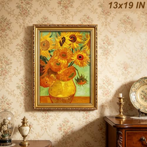 Image of 13x19 Picture Frame Gold Wood Vintage Picture Frames Antique | Real Glass, Easy Photo Changes, Wall Hanging