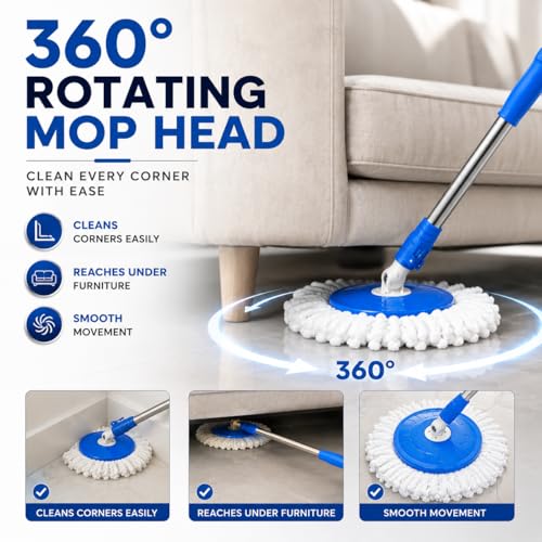 Image of Ultra Premium 360 Spin Mop Stick Rod with Stainless Steel Handle | Adjustable & Extendable Heavy Duty Mop Handle | Floor Cleaning Refill Rod Compatible with Spin Mop (Blue) (2 Heads)
