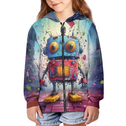 JooMeryer Teens Girls Boys Cartoon Robot Print Long Sleeve Casual Front Zip Up Hoodie 8-14Y4