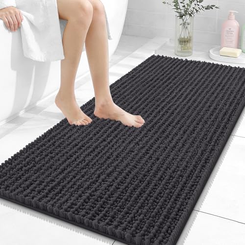 Image of OLANLY Long Bathroom Rugs Runner 47x24, Thick Soft and Absorbent Chenille Bath Mat, Non-Slip, Machine Washable Quick Dry Bath Rugs for Tub Shower Floor, Home Decor Accessories, Dark Grey