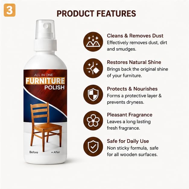 Image of All-in-One Wood Furniture Polish Spray (100ml) with Applicator Sponge | Scratch Remover, Cleaner, Shiner & Protector for Wooden Surfaces | Restores Natural Gloss Finish (Pack of 2)