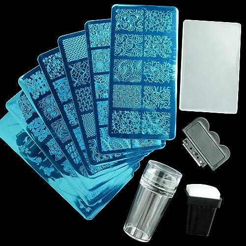 AddFavor Nail Stamper Kit 7pcs Nail Stamping Plates Geometric Mandala Flower Nail Stencils with 2 Stamp and 2 Scraper for Home Salon Manicure Design Supplies Tools