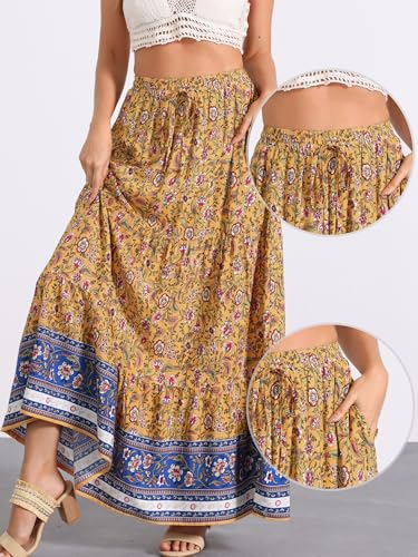 Allegra K Boho Skirt for Women's Flare Bohemian Floral Elastic Waist Flowy A-Line Vintage Casual Maxi Skirt2