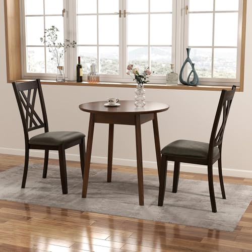 Image of COSTWAY Wooden Dining Chairs Set of 2 with Fabric Padded Seat, Grey | Farmhouse Armless Kitchen Side Chair with Rubber Wood Frame & High Back for Dining Room, Living Room and Restaurant