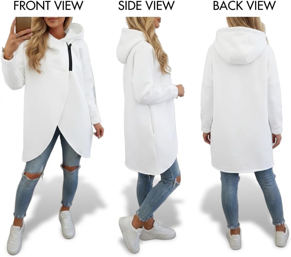 Women's Asymmetric Half-Zip Hooded Sweatshirt Long Sleeve Fall Winter Oversized Tunic Top with Pockets - Image 7