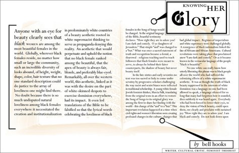 A page from the book with text discussing the beauty of black women and an essay titled 'KNOWING HER GLORY' by bell hooks.