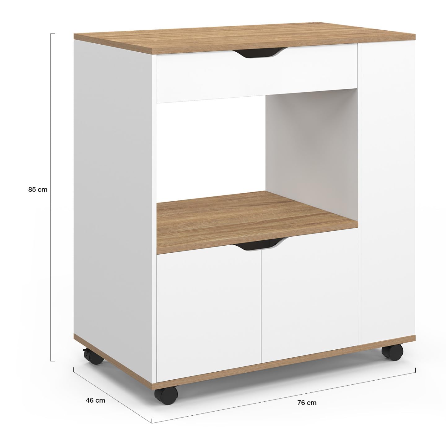 IDMarket - Mikrowellen-Küchenwagen COSI Schrank mit Schublade und Gewürzregal aus weißem Holz und Buchenholzplatten B.76 cm