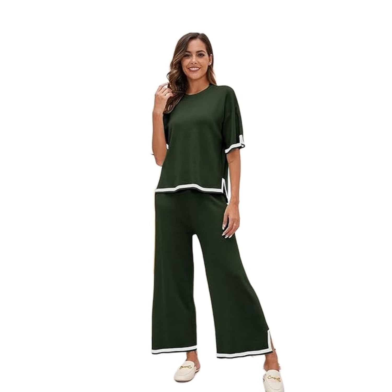 GenericWomen's Knit 2 Piece Lounge Set Casual Short Sleeve Pullover Tops and Wide Leg Pants Sets