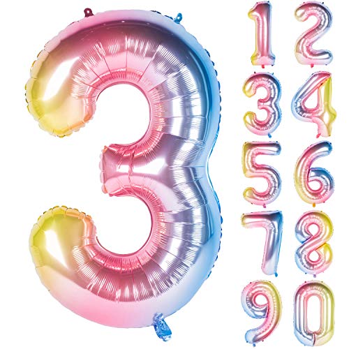 Image of 40 Inch Rainbow Digit Helium Foil Birthday Party Balloons (Lightly color 3) | Helium Foil Birthday Party Balloons big size Gradients Rainbow Digit