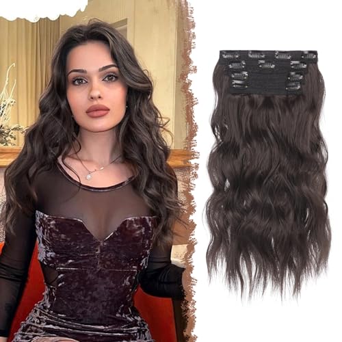 FESHFEN Lot de 4 extensions de cheveux synthétiques longs, ondulés et épais - Tête complète - Brun foncé - 40,6 cm