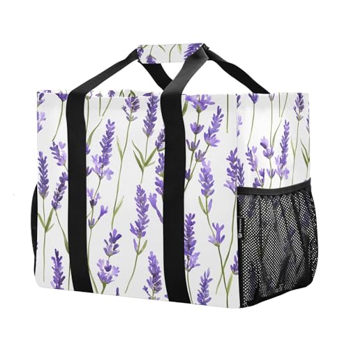 Large Waterproof Travel Tote Bag for Women Men, Watercolor Lavender Flowers Canvas Beach Bag with Lining & Pockets - Reusable Grocery/Laundry/Kitchen/Pool/Picnic Tote (15.4x9.8x12.8in)2