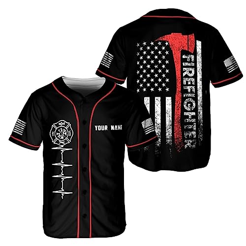 Podagree Personalized Firefighter Baseball Jersey, Custom Name Fire Man Firefighter Pride Thin Red Flag for Men and Women (FF4)