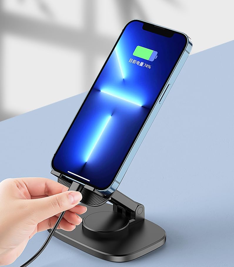 Image of WALLVIEW TECH 360 Aluminum Mobile Stand for Desk, Foldable Design with Stable Rotational Metallic Round Base, Multiple Height & Angle adjustments for Smartphones, Tablets & iPad (Blue)