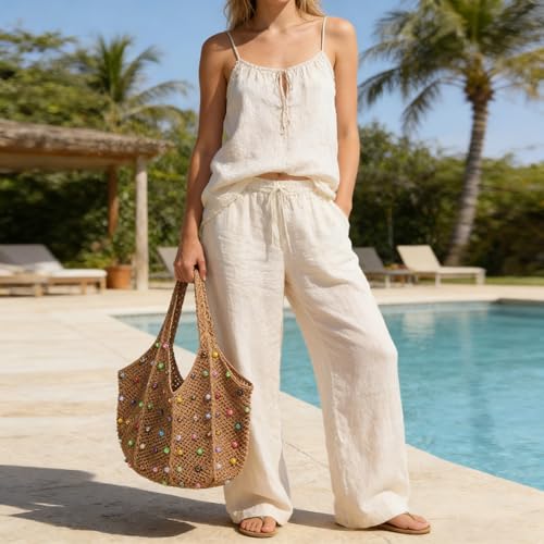 Image of Boho Crochet Beach Tote Shoulder Bag with Colored Beads | Colorful Aesthetic Hippie Knit Bag for Women