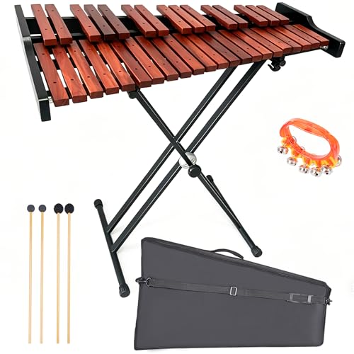 Image of 37 Note Xylophone Professional Wooden Glockenspiel, Upgraded Arched Frame for Better Resonance, with Height Adjustable Stand, 4 Mallets, Hand Bell and Carry Bag (Black)