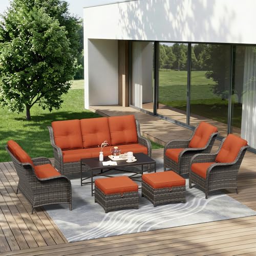 Image of 7 Piece Outdoor Wicker Patio Furniture Set, Patio Chairs Set with Thickened Olefin Cushions, High Back and Deep Seating, Hand-Woven PE Rattan, Ottoman for Porch, Deck