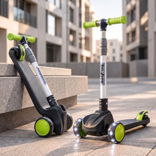Image of Baybee Phantom Baby Kick Scooter for Kids | Foldable Skate Scooter with 3 Height Adjustable Handlebar, Brake LED PU Wheels & Music | Runner Scooters for Kid 2 to 10 Years Boy Girl (Black)