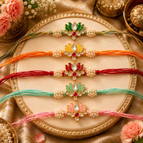 Image of CraftVatika Set of 5 Floral Designer Rakhi Set for Brother Boy Man Bhai, Lotus Rakhi Gift Combo Set for Bhaiya & Sister Bracelet with Tilak & Fridge Magnet Gift, Rakhis for Raksha Bandhan