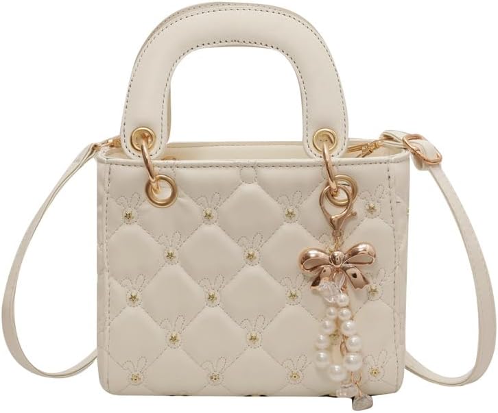 Quilted Handbag for Women, Cream Tote Bag with Pearl Bow Charm, Versatile Shoulder Crossbody Purse