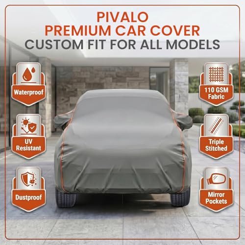 Image of Pivalo Car Cover for Maruti Suzuki Celerio - Fits All Model & Year | 100% Waterproof All-Weather UV & Paint Protection | Premium 3-Layer Fabric | Triple Stitched with Reflective Piping (Grey)