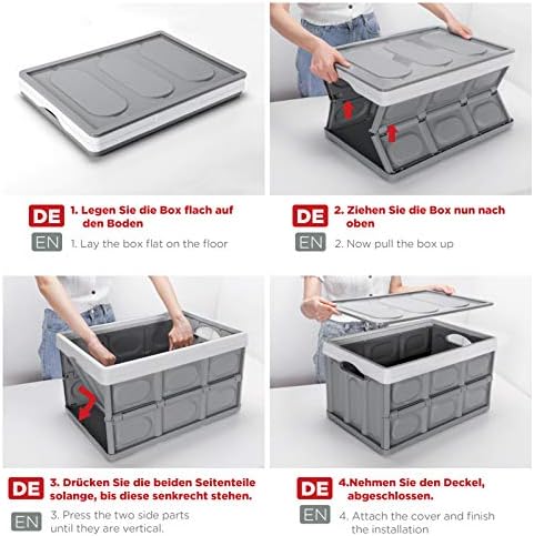 Yorbay 2 Pack Collapsible Storage Box 28L with Lids, Plastic Foldable Crate with Portable Handles, Stackable and Space Saving, Heavy-Duty Bin for Car Boot, Home, Closet, Travel, Grey, Reusable