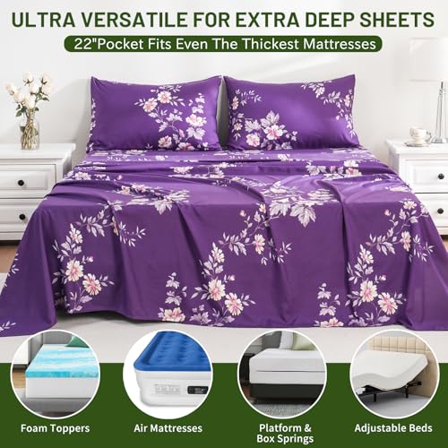Image of Bedlifes Extra Deep Pocket 18-24 inch King 4-Piece Sheet Set - Cooling Sheets Blend Rayon Derived from Bamboo Soft & Breathable,Featuring Dark Purple Floral
