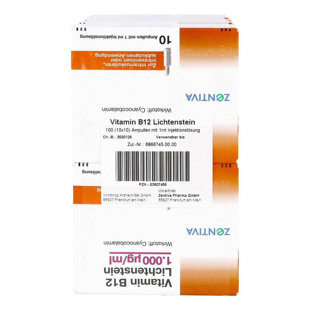 Vitamin B12 1.000 μg Lichtenstein Ampullen 100 Stück – bei Vitamin-B12-Mangel, Cyanocobalamin Injektionslösung, unterstützt Blutbildung, Nervengesundheit, Immunsystem