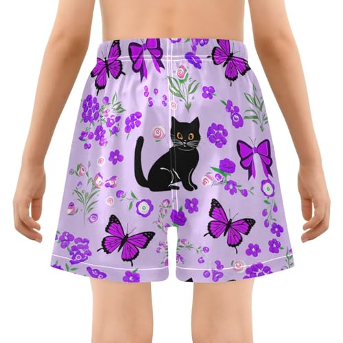 Boy Swim Trunks with Compression Liner Black Cats Pattern Boys Swim Shorts Quick Dry Beach Shorts3