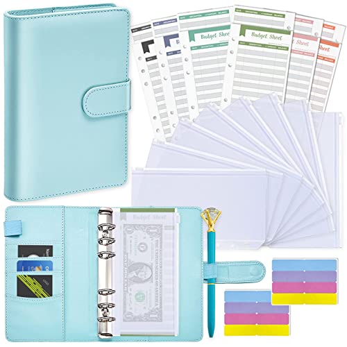 Classeur Budgétaire A6 en PU Cuir, JOENCOST Pratique Organisateur de Planificateur d'argent avec 8 Dégager Poches Zippées 12 Feuilles de Budget de Dépenses et Stylo Diamant Pour économiser de l'argen Cover