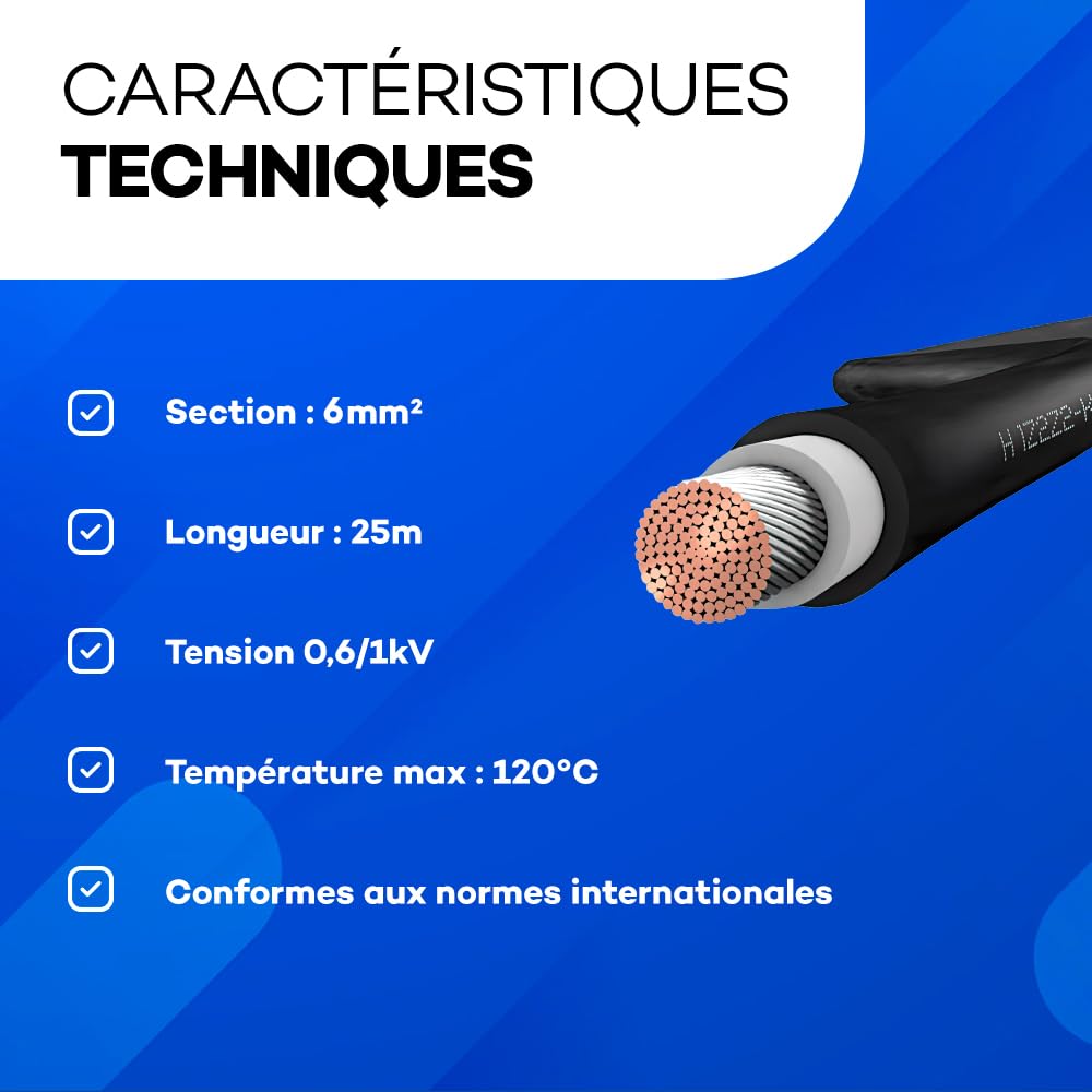 SOLIDSPARK Cable Panneau Solaire noir 6mm² - Haute performance - 25m