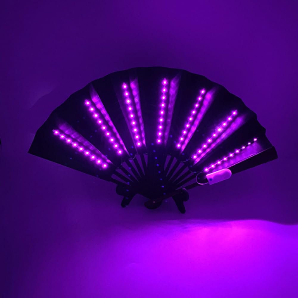 Folding Fan Led Fan Light Up Hand Fan LED Glowing Folding Fan Party Rave Fan Night Bar Club 6V (Black Fan, Pink)