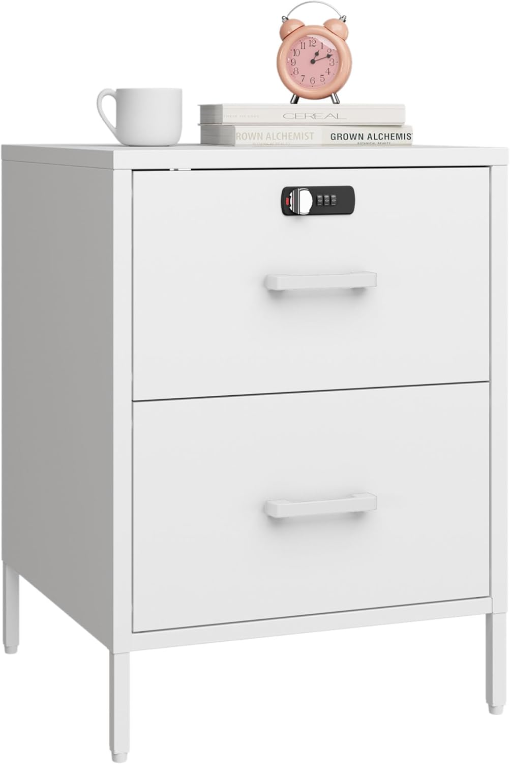 Nightstand,2 Drawer Metal Locker End Table Lockable Bedside Table Storage Cabinet for Bedroom, Dorm, 21.26”H X 15.75”W X 15.75”D (2 Drawer, White) White 2 Drawer