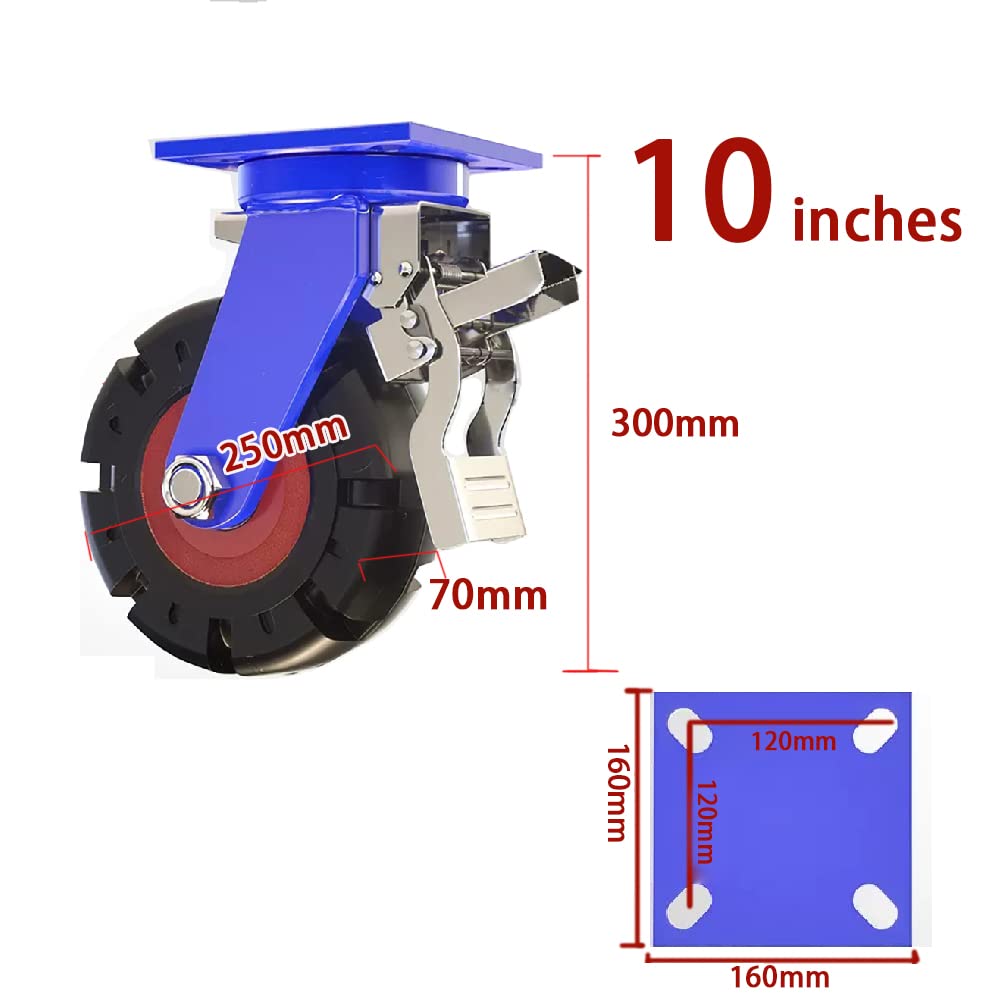 1 × Ruedas industriales 10 pulgadas (250mm) Ruedas de alta resistencia 1000kg Goma Silenciosas Ruedas giratorias con freno Remolque Carro Banco de trabajo Equipo pesado Estantería Maquinaria