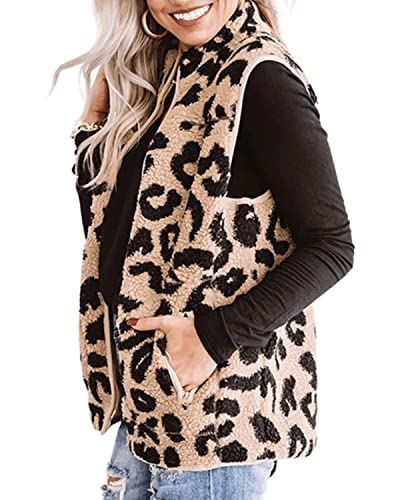 RINTONIX Womens Sleeveless Zip Up Fuzzy Leopard Sherpa Vest Coat with Pocket Cheetah Polar Fleece Zipper Vest Cardigan2