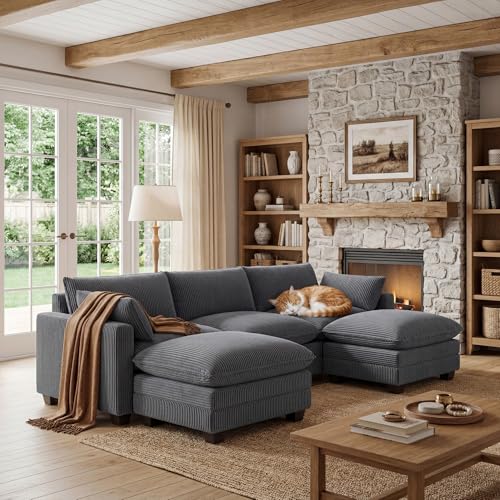 Image of Gizoon 110'' U Shaped Corduroy Comfy Sectional Couches for Living Room 3 Seater Cloudy Sofa with 2 Movable Ottomans Pet Friendly Cloud Couch for for Living Room Bedroom and Apartment, Gray